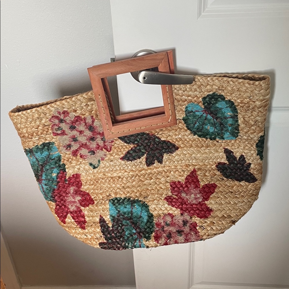 Floral Straw Tote Bag with Wooden Handle